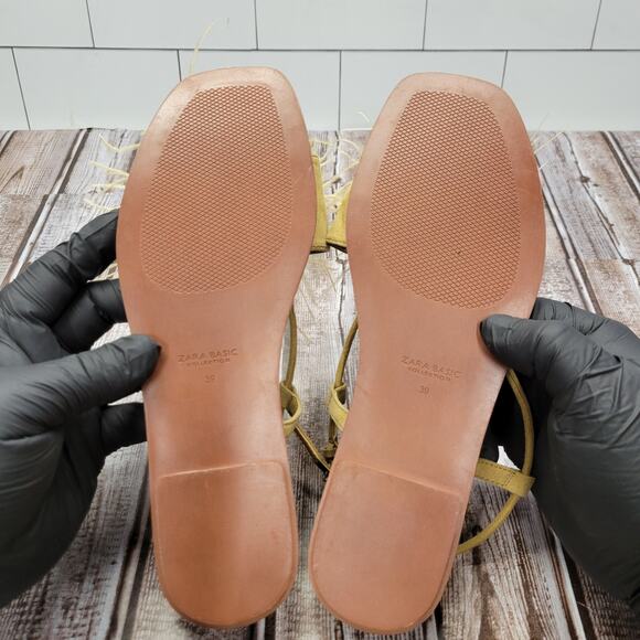 ZARA Basic Women's Yellow Feather Flat Sandals Ankle Strap EU 39 US 8 - Picture 6 of 8